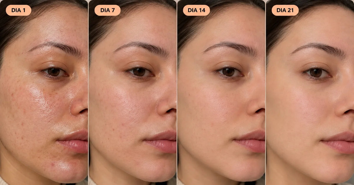 Cliente real com pele oleosa nos dias 1, 7, 14 e 21 de uso do Sérum Matte Hi Beauty, fotos sem retoque